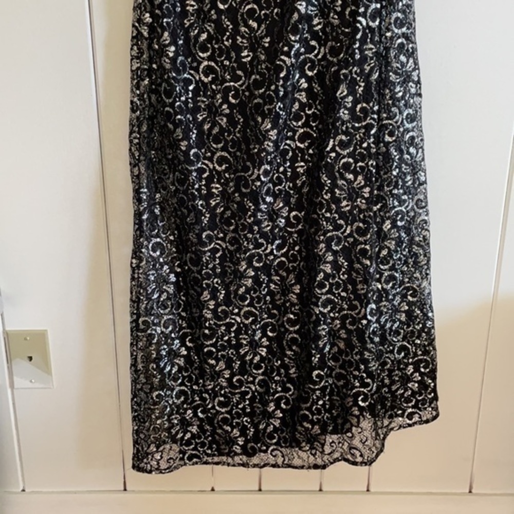 Holiday Party Dress Metallic Lace Gown Formal Black Silver Calvin Klein - Picture 7 of 12